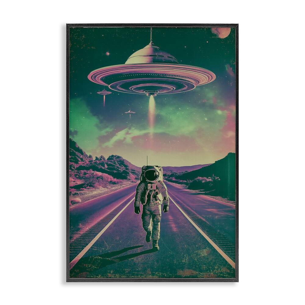 Stupell Astronaut with Overhead UFO Framed Giclee Art Design By Wumples