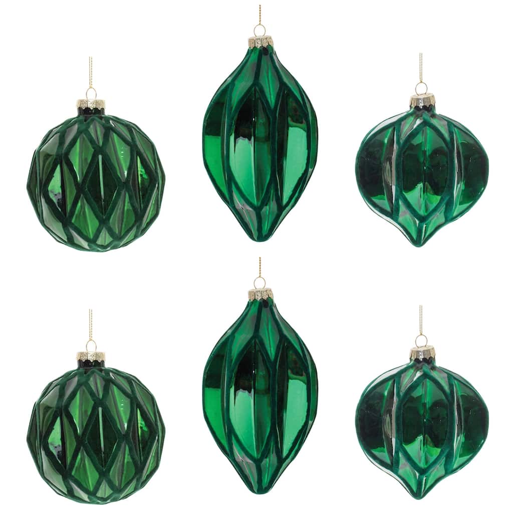 Set of 6 Green Glass Christmas Ornaments with Harlequin Design and Gold Hangers for Tree - 3.25 x 3.25 x 6" (L x W x H)