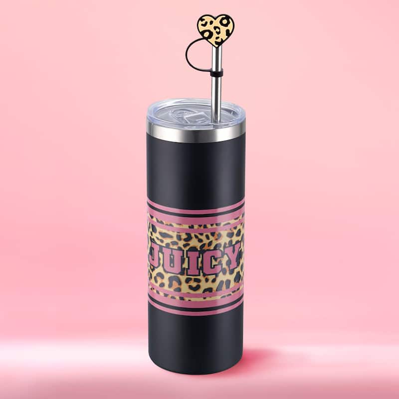 Juicy Couture Glam Slip Hydration Stainless Steel Tumbler with Straw Topper - 24oz - Black Cheetah