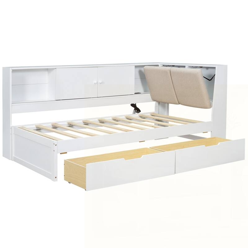 L-shaped Daybed Corner Bed with Storage Bookcase and USB Charging Ports