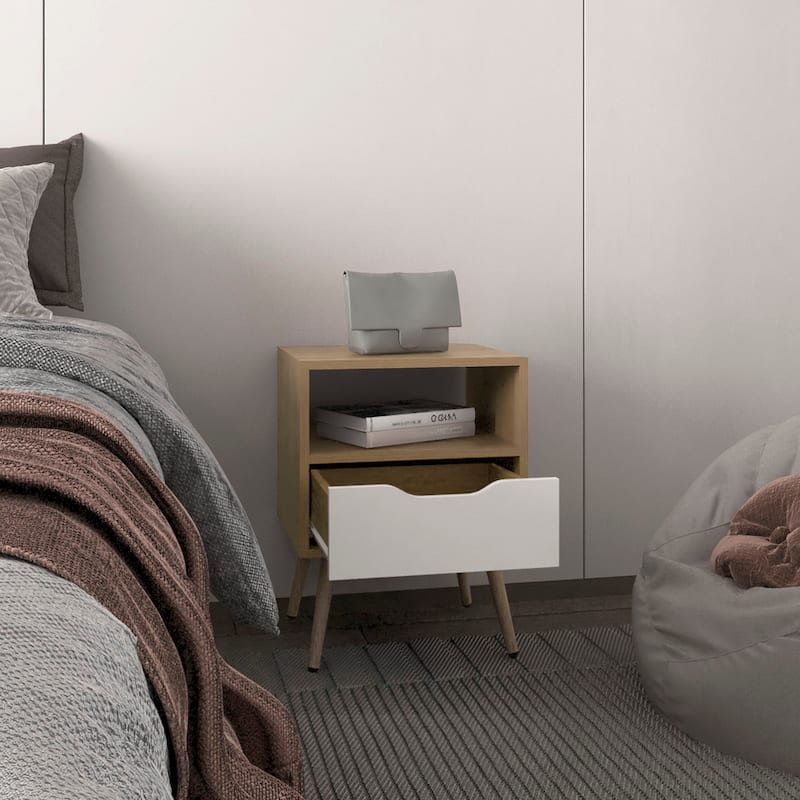 Wooden Nightstand with Single Drawer, Bedroom Coffee Table with Open Shelves, Sofa Side Table with Solid Wood Legs