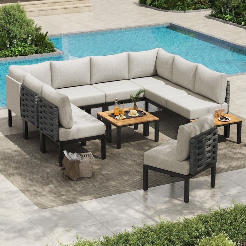 Outdoor Patio Furniture w/ 6" Thick Cushion, U-Shaped Sofa Set, Sectional Conversation Modular Couch for Garden - 12-Piece - Gray