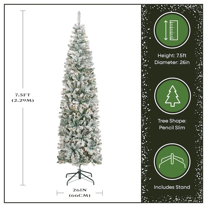 National Tree Company 7.5 ft. Acacia Pencil Slim Flocked Tree with Clear Lights - 7.5 Foot