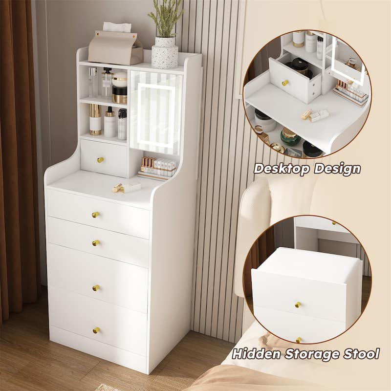 3-in-1 Dressing Table with LED Mirror & Storage Stool