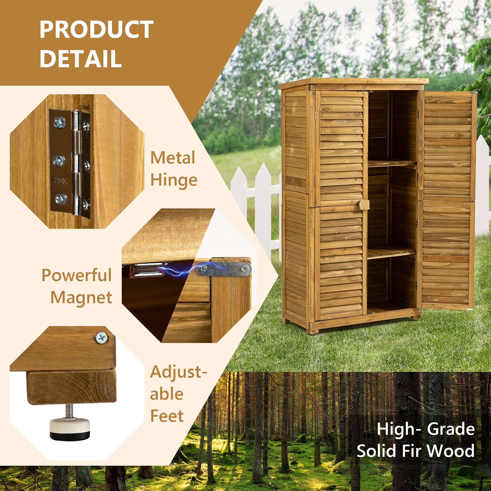 Wooden Outdoor Storage Cabinet with Lockable Door, Waterproof Roof