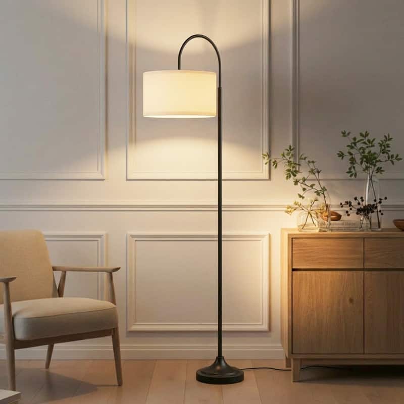 Brightech Nora 68 in. Classic Black Mid-Century Modern Height Adjustable LED Floor Lamp with White Fabric Drum Shade