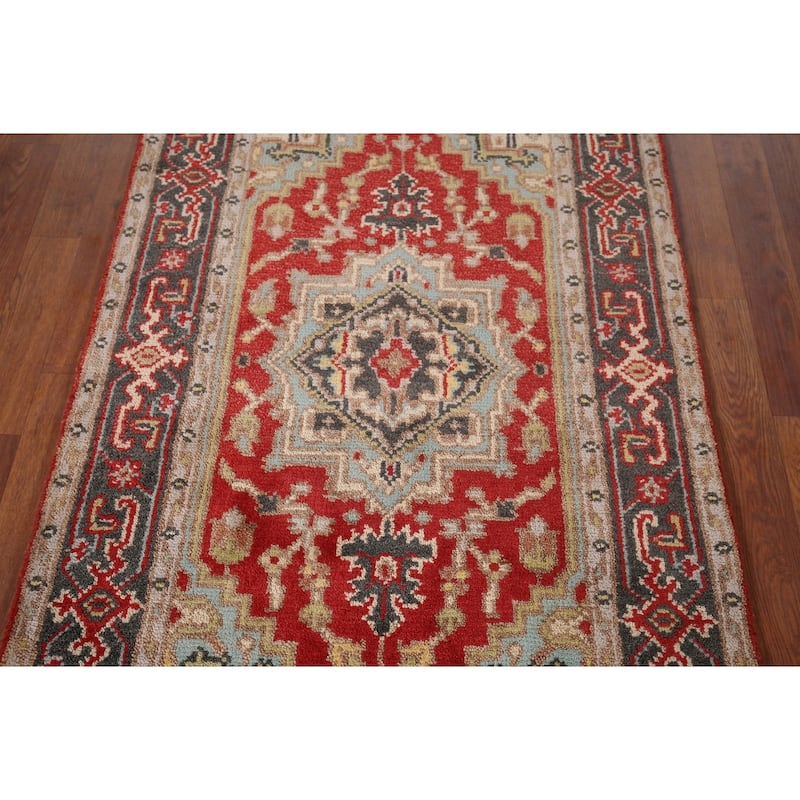 Geometric Red Heriz Serapi Indian Accent Rug Hand-Knotted Wool Carpet - 2'11"x 4'11"