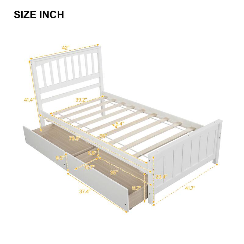 Twin Size White Platform Bed with Two Drawers, Sturdy Pine Wood Frame
