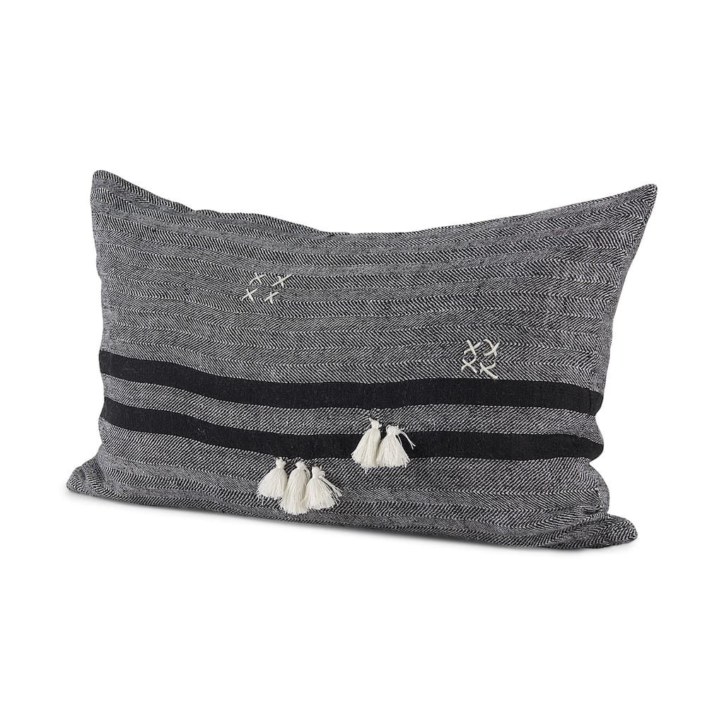 Sibyl 13L x 21W Dark Gray and Black Fabric Striped and Fringed Decorative Pillow Cover