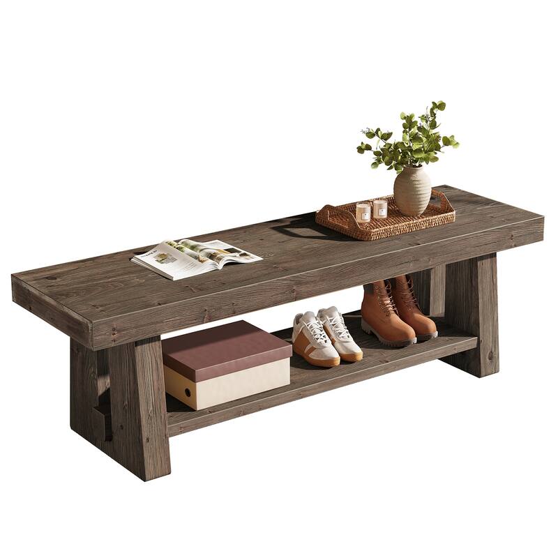 2-Tier Solid Wood Entryway Bench with Shelves, Dining Bed End Accent Seat for Dining Room Living Room Hallway Bedroom