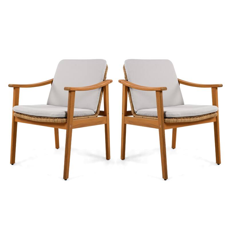 Outdoor Dining Chairs Set of 2, Teak Color Acacia Wood Frame, Brown PE Wicker, Grey Waterproof Cushion