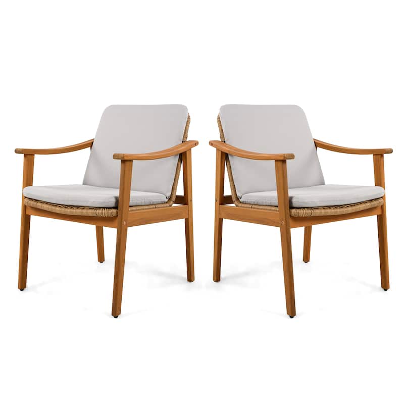 Teak Acacia Wood Outdoor Dining Chairs Set of 2 - PE Wicker & Waterproof Cushions - All-Weather Patio, Deck, Backyard Furniture