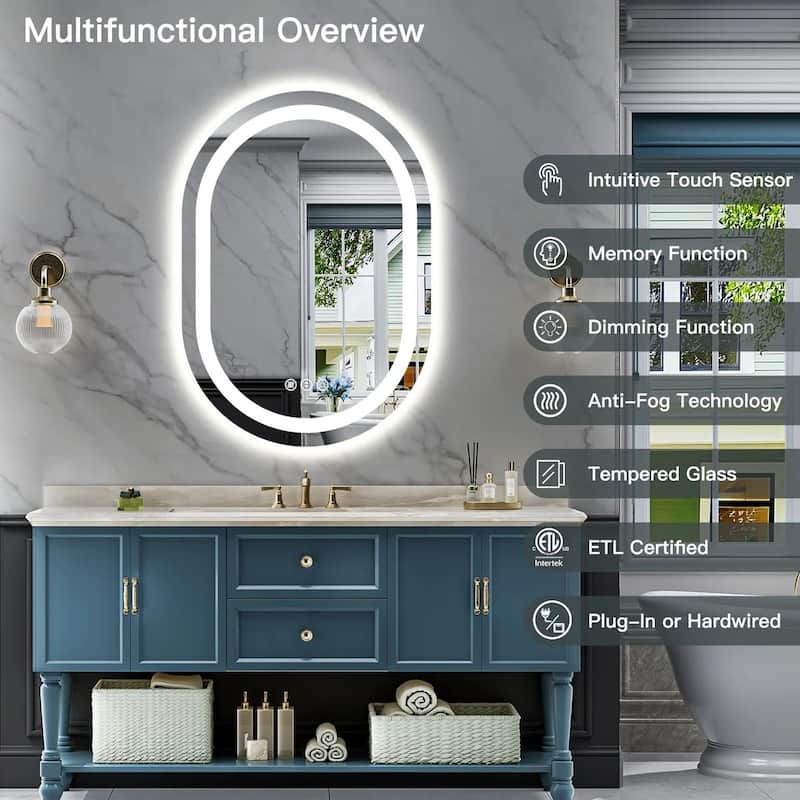 Oval Front & Back LED Lighted Anti-fog Tempered Glass Wall Bathroom Vanity Mirror, ETL Certified, 3-Year Warranty