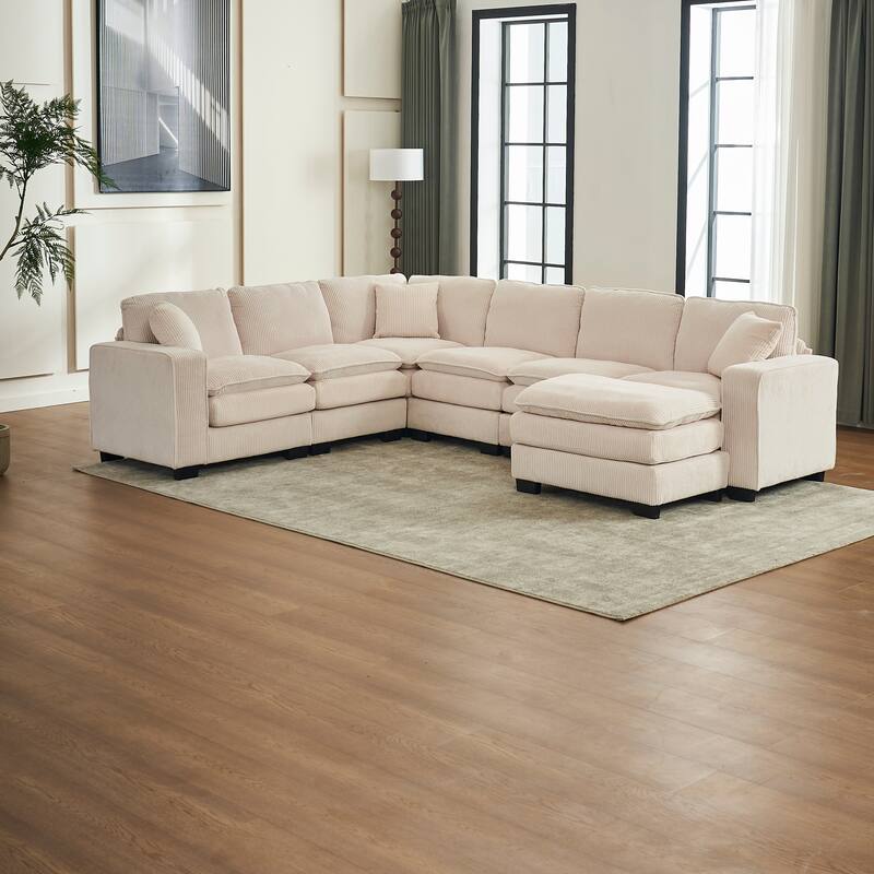 Modular Sectional Sofa for Living Room, U Shaped Sofa Couch with Ottoman and Three Toss Pillows, Corduroy Fabric Sofa Set