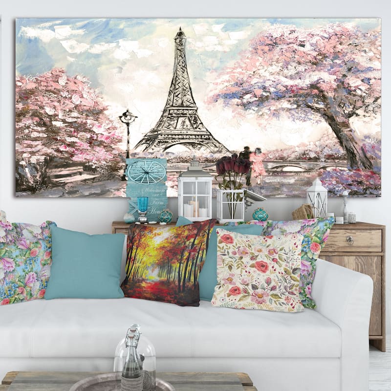 Designart Eiffel with Pink Flowers Landscape Canvas Art Print - 60 in. wide x 28 in. high