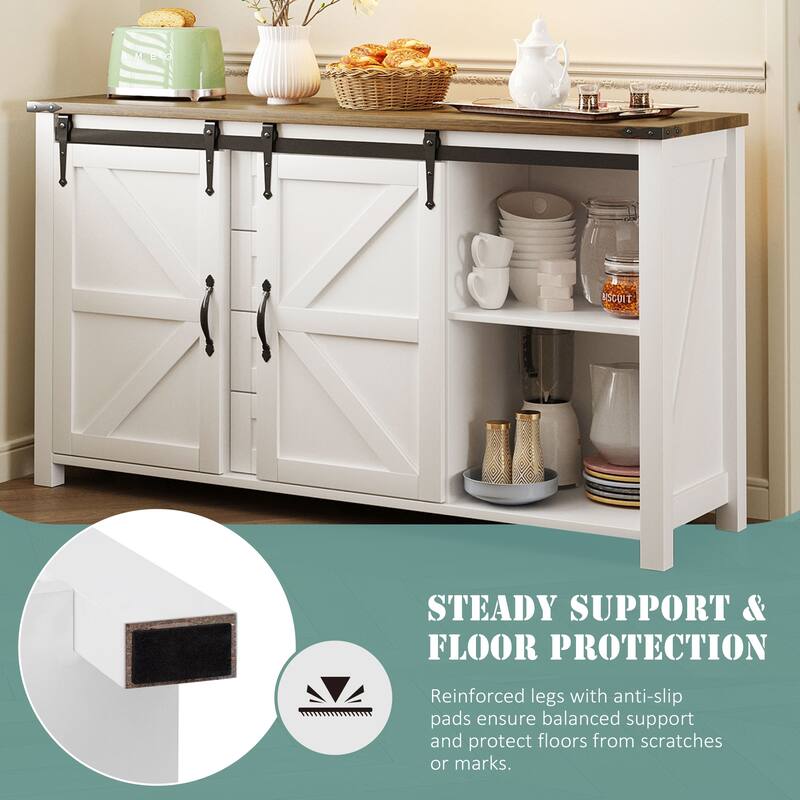 Wood Buffet Sideboard with Charging Station, Farmhouse Coffee Bar Cabinet with Sliding Barn Doors and 4 Drawers