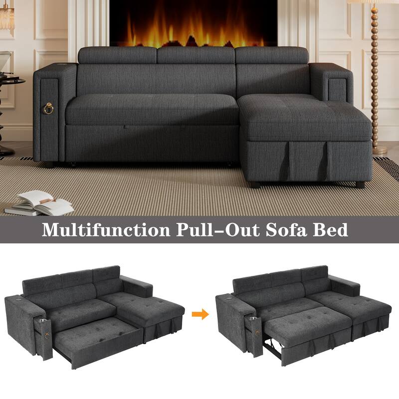 96" Linen L-Shaped Sectional Sofa Bed with Adjustable Headrest, Wireless Charging and Hidden Storage