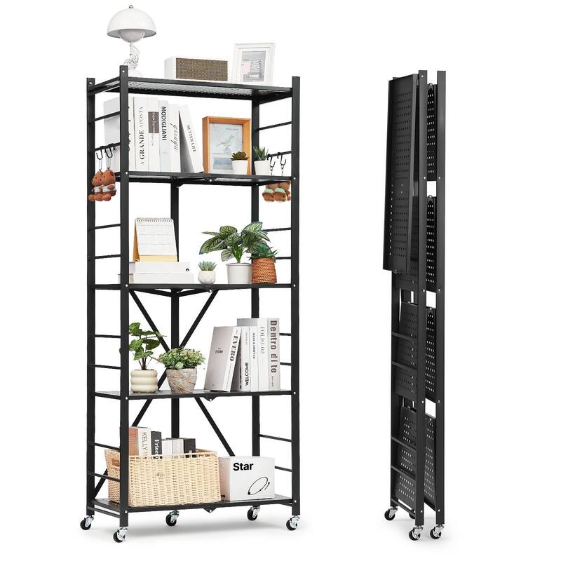 Black Carbon Steel 5 Tier Folding Garage Storage Shelf with Casters and J-Hooks - 13 x 28 x 66 in