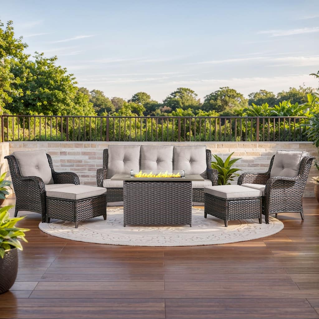 Fire Pit Table with Patio Sofa Chairs Ottomans Brown-Beige - Brown