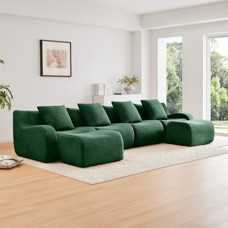 118" Modern U Shaped Modular Sectional Sofa, Boneless Couches for Living Room with Ottoman, 4 Seater Teddy Fabric Couch Sofa Set - Green