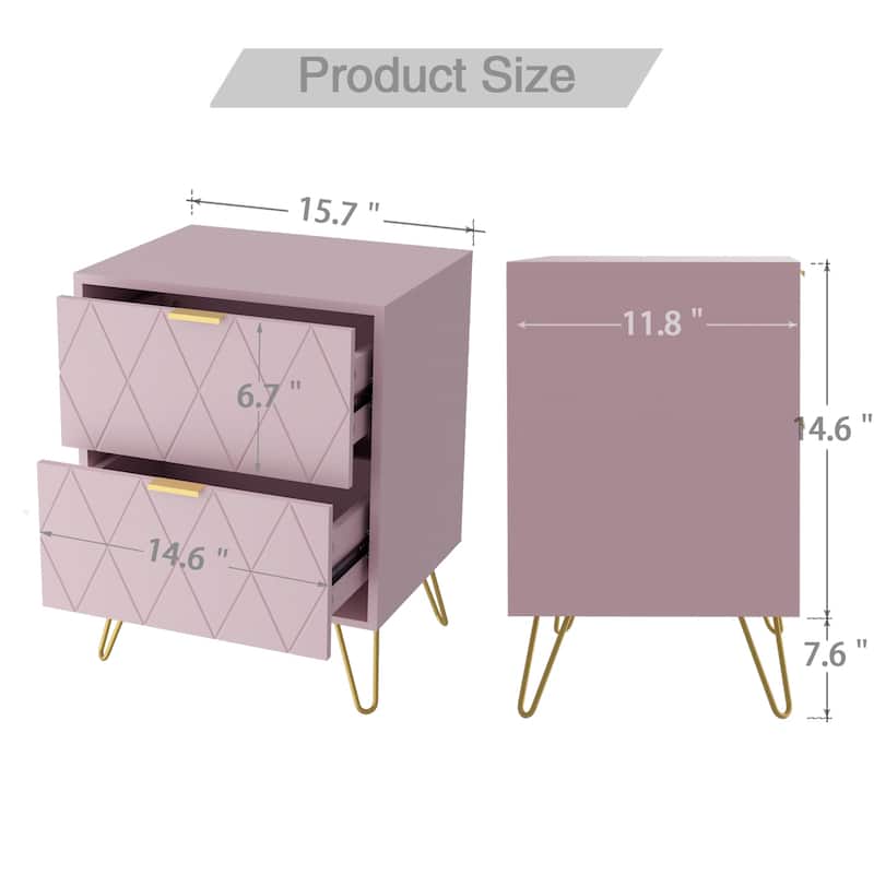 Modern Set of 2 Nightstands with Metal Legs 2-Drawer Bedside Table