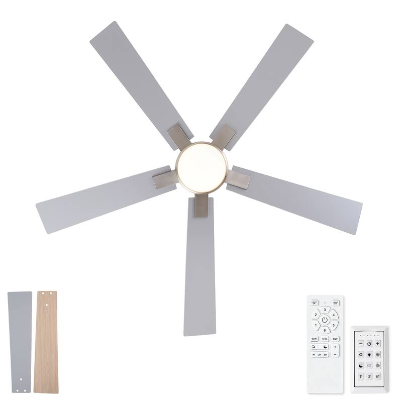 52" Modern Brushed Nickel Finish Reversible Quiet Motor Ceiling Fan with Light and Remote Control
