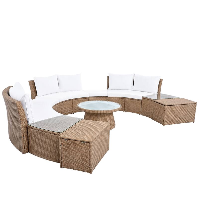 10-Piece Patio Sectional Curved Outdoor Rattan Sofa Set with Cushions, Storage Boxes, Ottomans, Tables and Glass Top