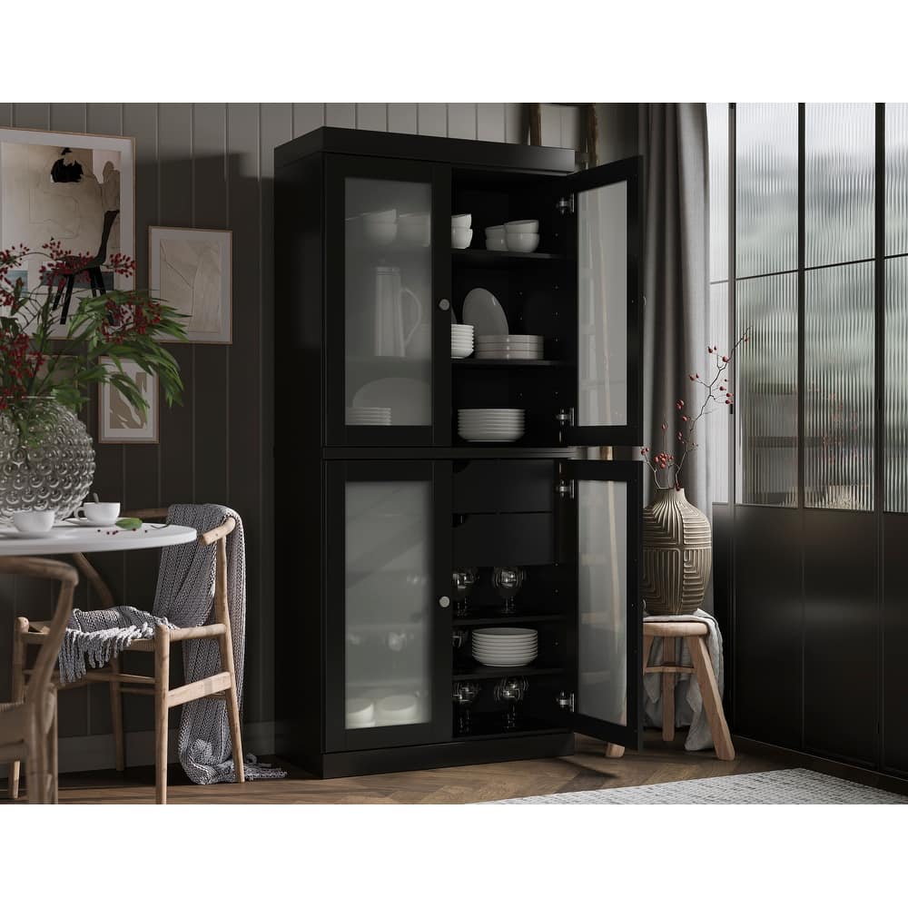 Palace Imports 100% Solid Wood Pantry Cabinet with Frosted Glass Doors, 2-Drawers and Adjustable Shelves - 32" x 71.5"
