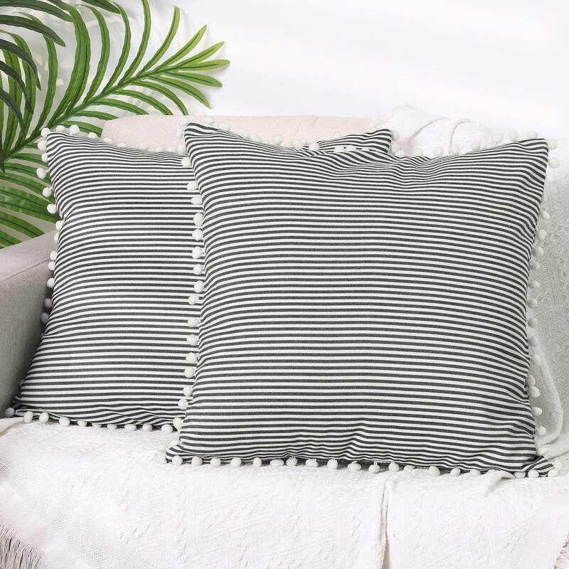 1 Pair Striped Pillow Cover with Pom Pom Fringe for Home Cushion Case