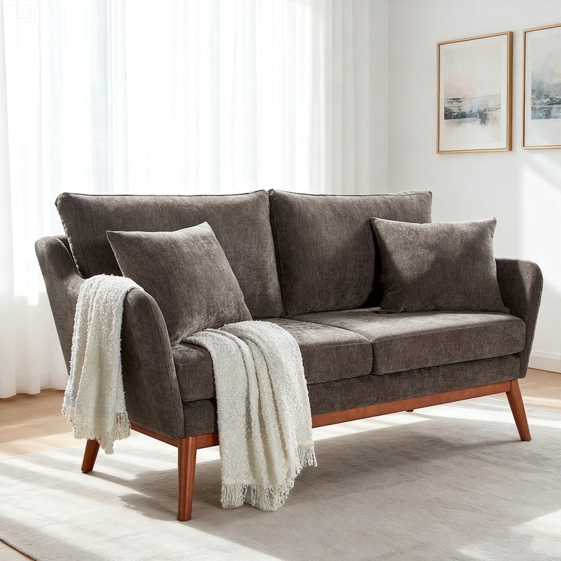 Linen Blend Mid-Century Modern Small Spaces Loveseat Two-Seater Sofa With Solid Wood Base - Brown