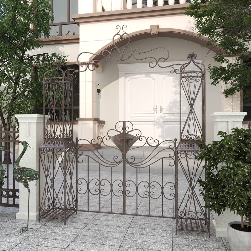 Black Metal Indoor Outdoor Scrollwork Arched Gate Garden Arbor with Pillars and Latch Lock Closure