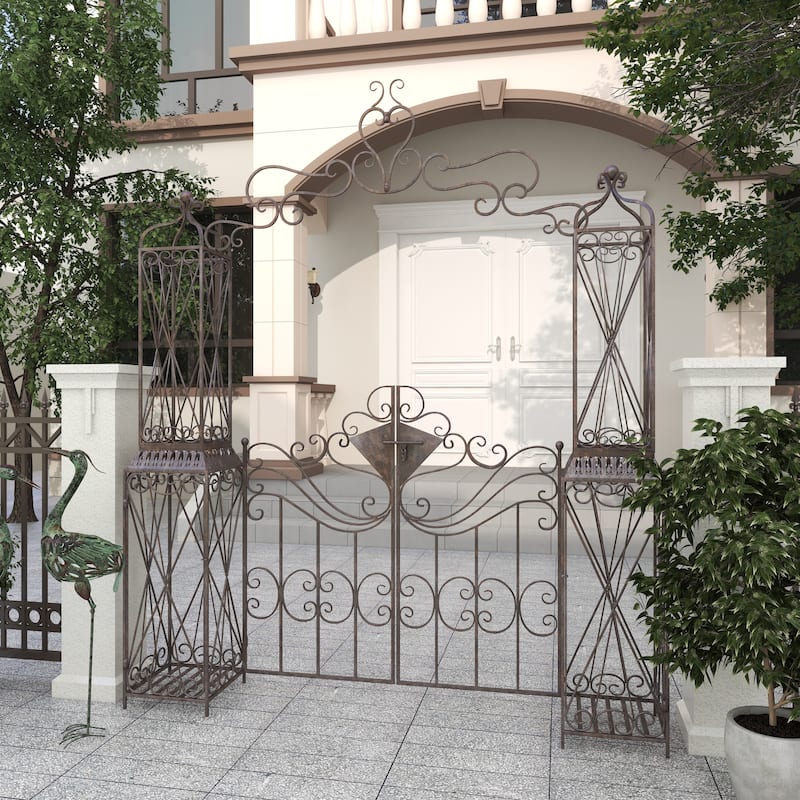 Metal Indoor Outdoor Scrollwork Arched Gate Garden Arbor with Pillars and Latch Lock Closure - Black - Roche River Decor