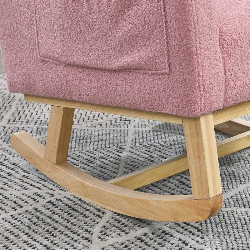 High Back Rocker Accent Chair with Wood Base, One Lumbar Pillow and Two Side Pockets