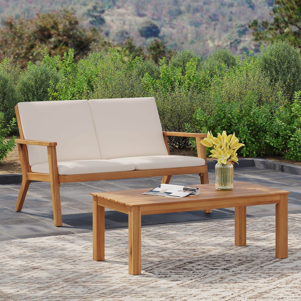 Temecula Acacia Wood Outdoor Loveseat and Coffee Table Set with Cushions by Christopher Knight Home