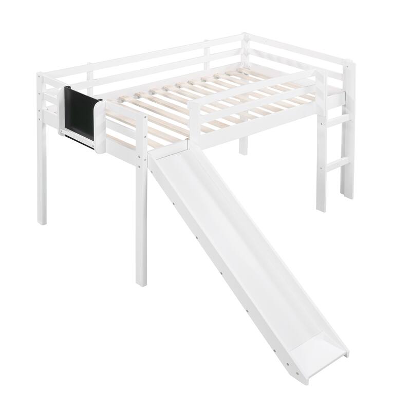 Twin Size Loft Bed Wood Bed with Convertible Ladder and Slide, Solid Wood Twin Kids Bed Frame with Chalkboard for Boys or Girls - White - Twin