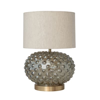 Glass Hobnail Table Lamp with Brass Finish Base, Cotton Shade and Inline Switch, Metallic Finish and Smoke Color
