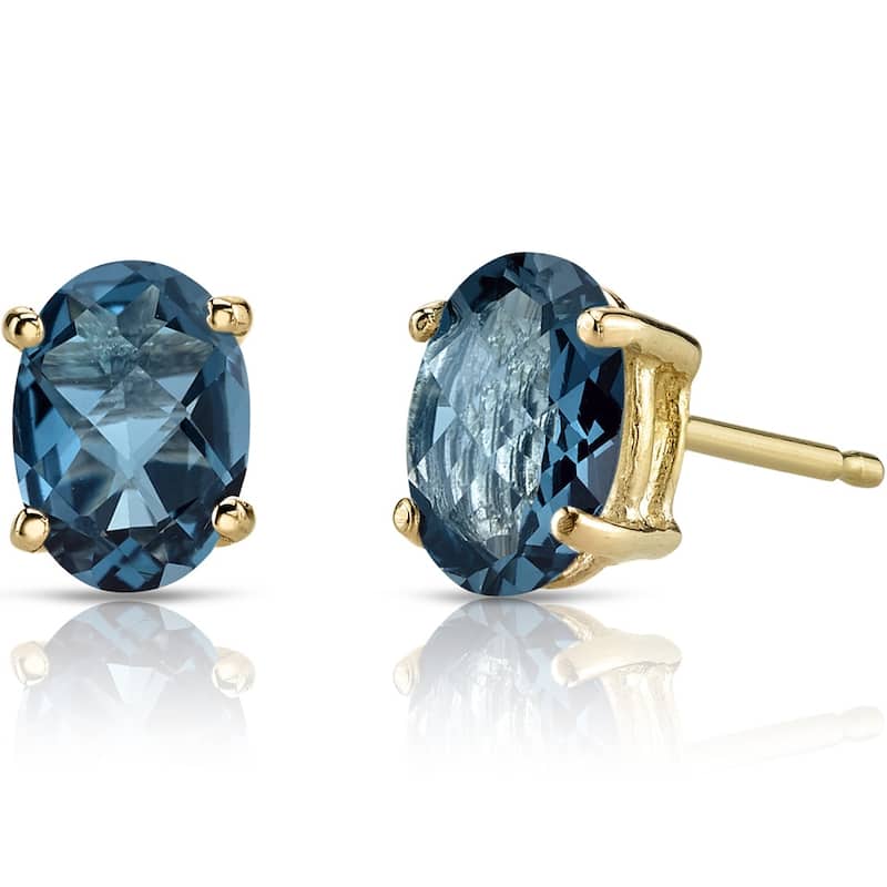 14k Yellow Gold London Blue Topaz Stud Earrings 1.81 ct Oval Shape