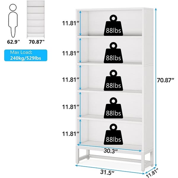 dimension image slide 1 of 3, 5-Shelf Wood Bookcase Freestanding Display Bookshelf for Home Office - 31.5” L * 11.81” W * 70.87” H
