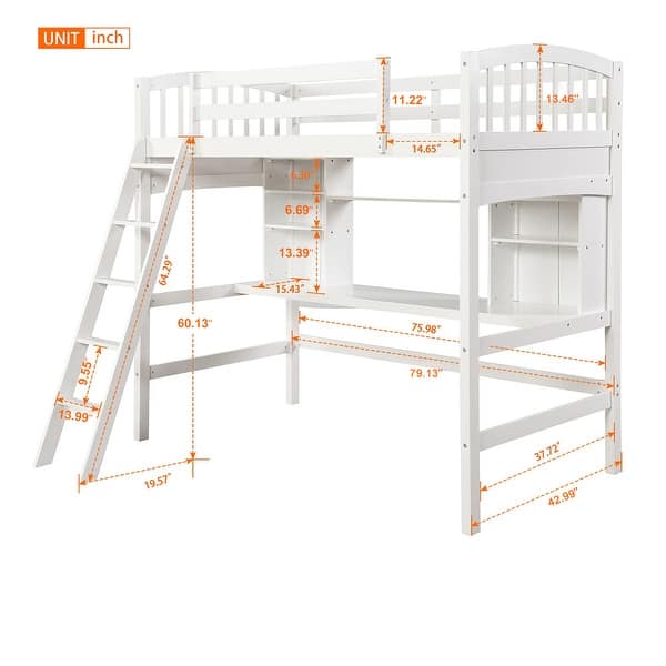 dimension image slide 1 of 3, Twin size Loft Bed with Storage Shelves, Desk and Ladder, White