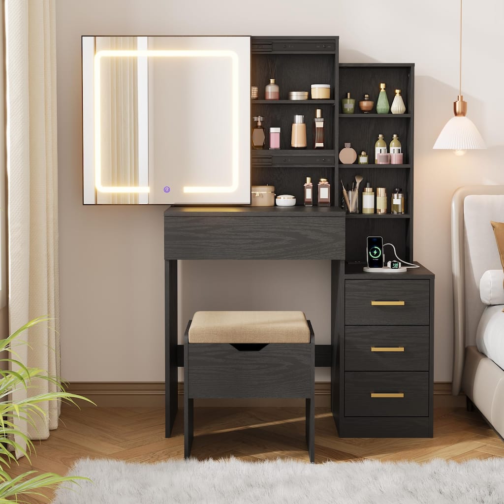 Modern Makeup Vanity with Sliding Mirror, 4 Drawers & 7 Shelves, 3 Light Colors, Charging Port & Stool Set