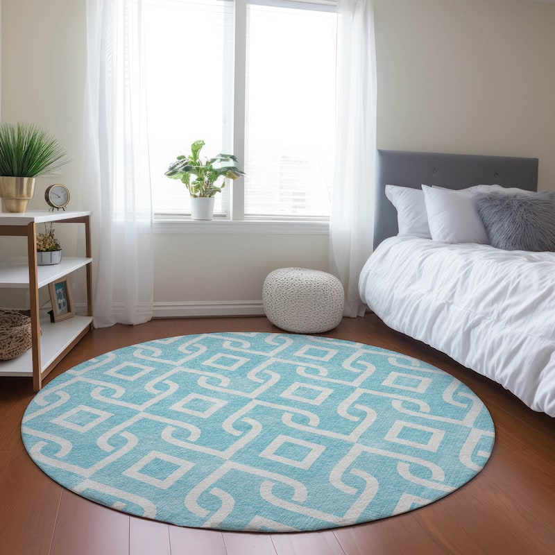 Machine Washable Indoor/ Outdoor Chantille Trellis Scroll Rug - Aqua - 8' x 8'