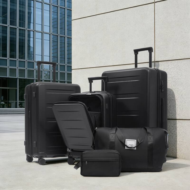 Luggage Sets 5 Piece with Front Opening, Hardside Expandable Carry On Suitcase Set with Double Spinner Wheel with USB Port