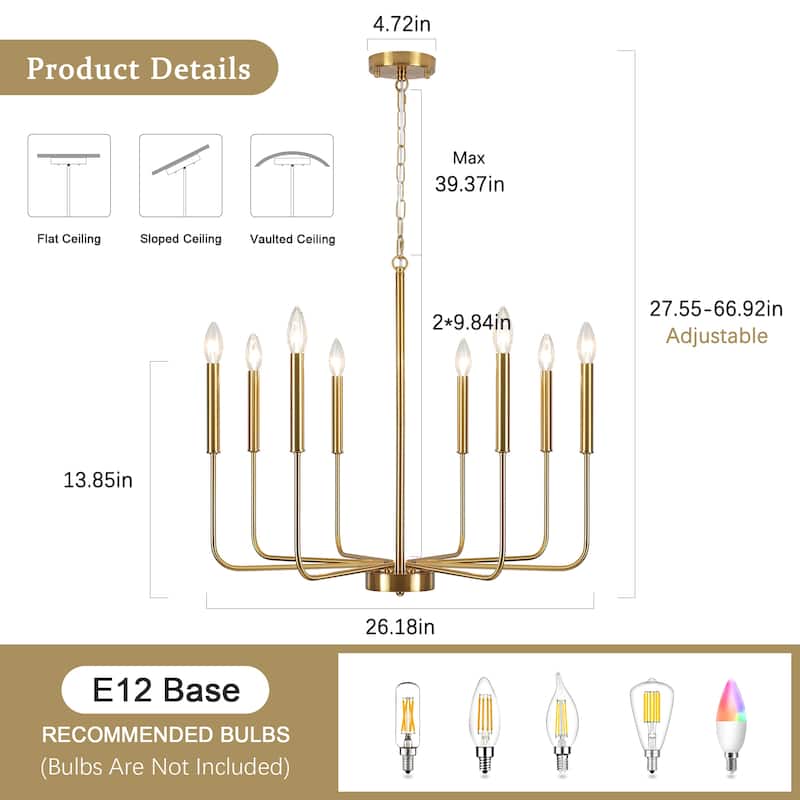 8-Light Farmhouse Traditional Candle Chandelier for Dining Room Bedroom Living Room