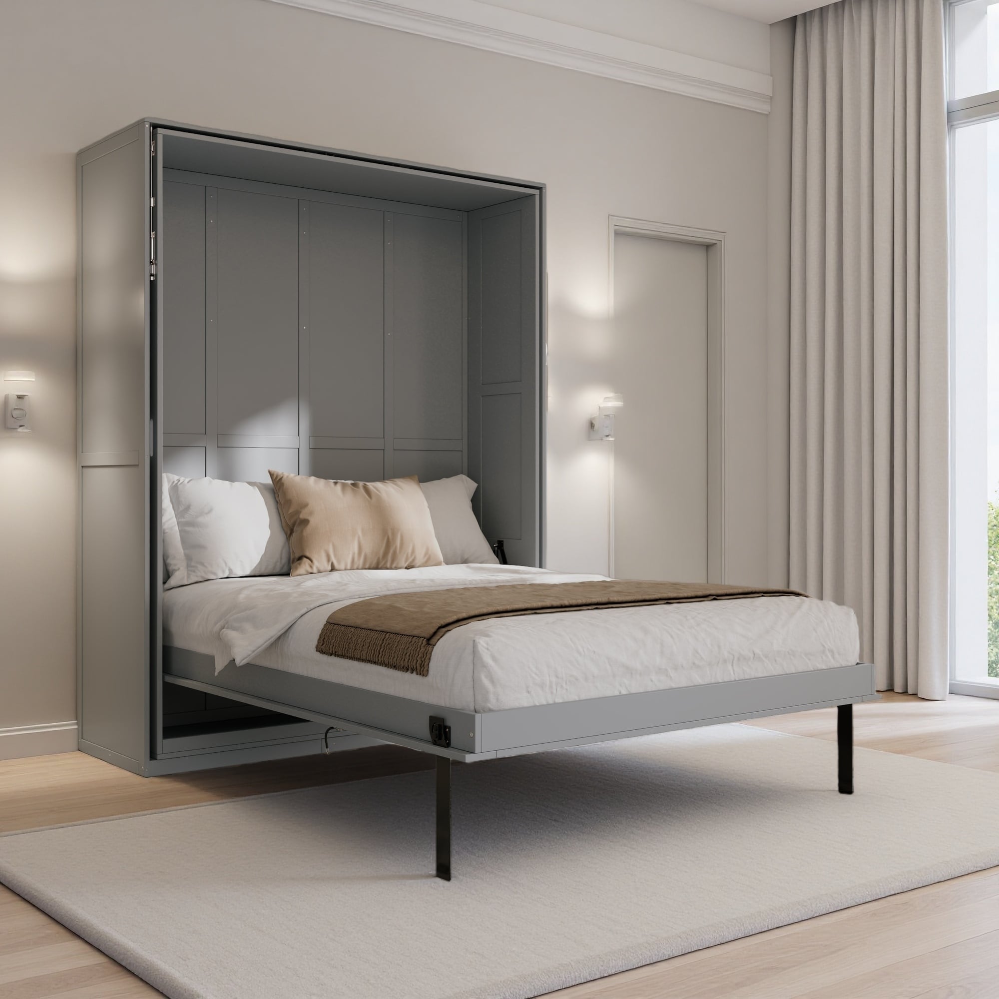 Queen MDF+Pine Wood Rotating Murphy Bed with Hidden Storage Racks, Space-Saving Wall Bed for Home Office & Small Rooms,