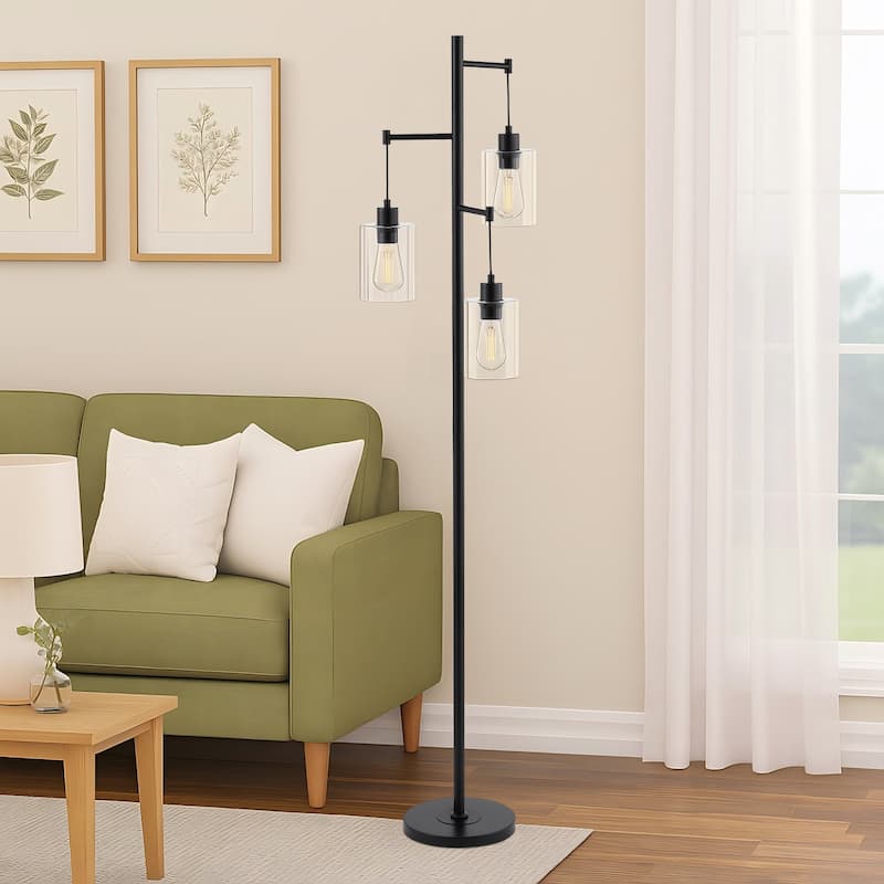 GetLedel 69" Industrial 3-Light Tree Floor Lamp with Glass Shades - Black