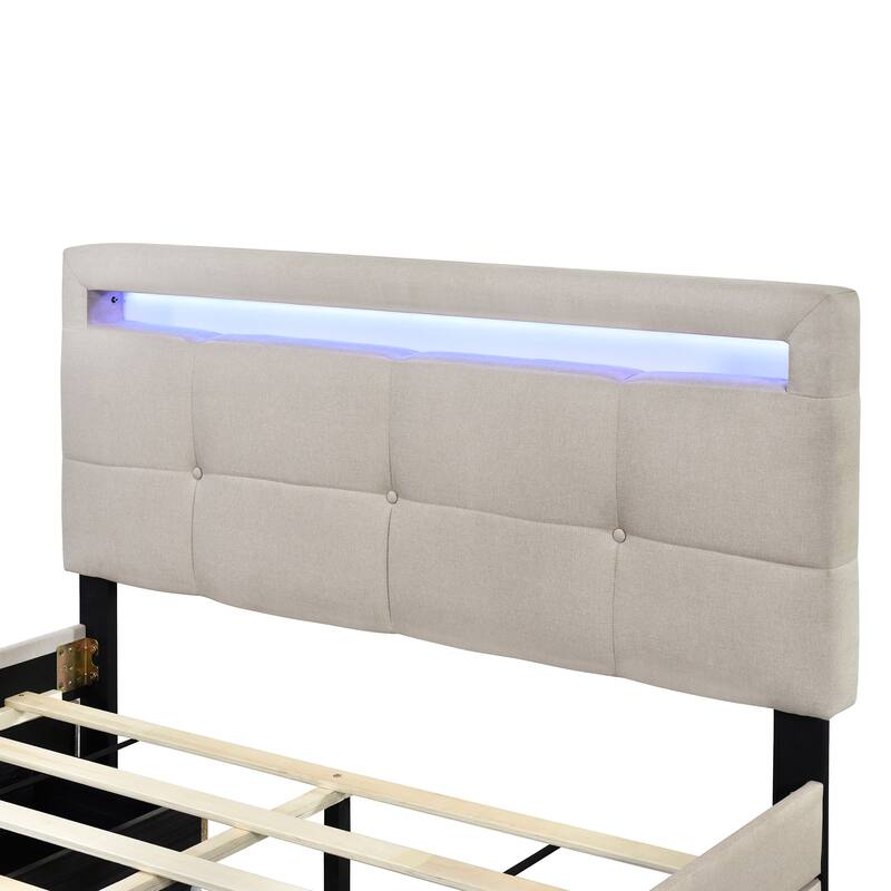 Upholstered Platform Bed with LED Frame and Drawers