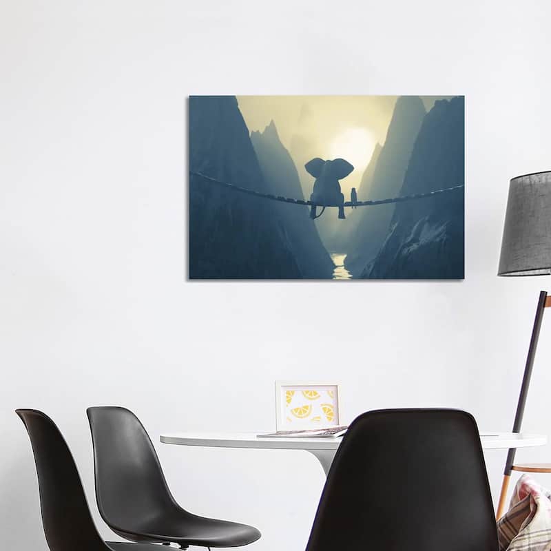 iCanvas "Elephant And Dog Sit On A Bridge Over A Precipice (Dualtone)" by Mike Kiev Canvas Print - 26x40x1.5