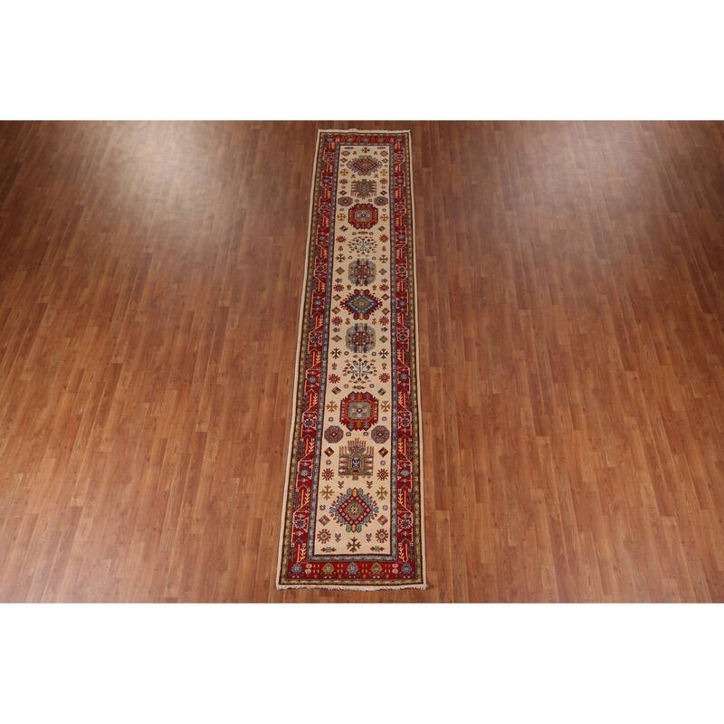 Geometric Beige Kazak Oriental Runner Rug Handmade Wool Carpet - 2'9" x 12'10"