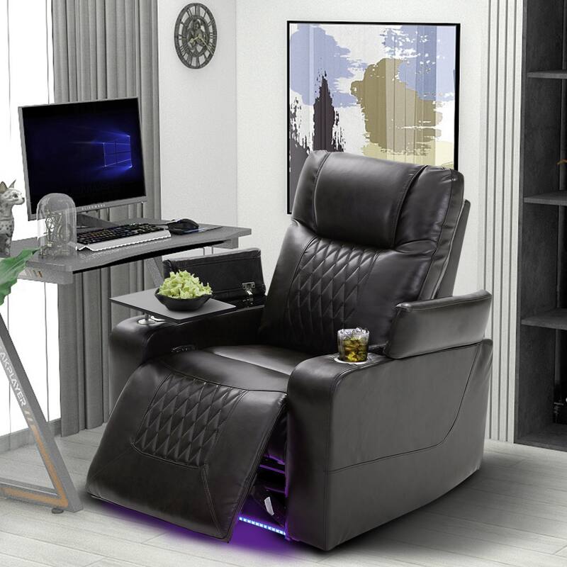 Power Motion Recliner with USB Charging Port and Hidden Arm Storage 2 Convenient Cup Holders Design and 360° Swivel Tray Table - Black