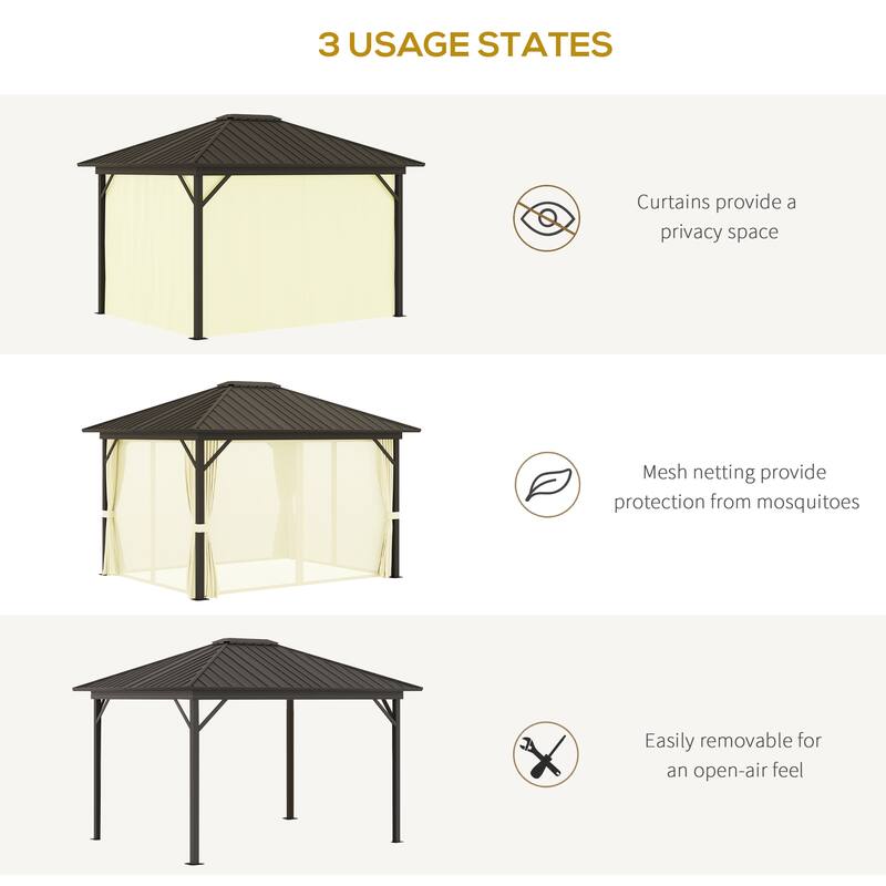 Outsunny 10' x 12' Outdoor Hardtop Gazebo Metal Roof Patio Gazebo with Aluminum Frame, Mesh Netting, Curtains, Brown